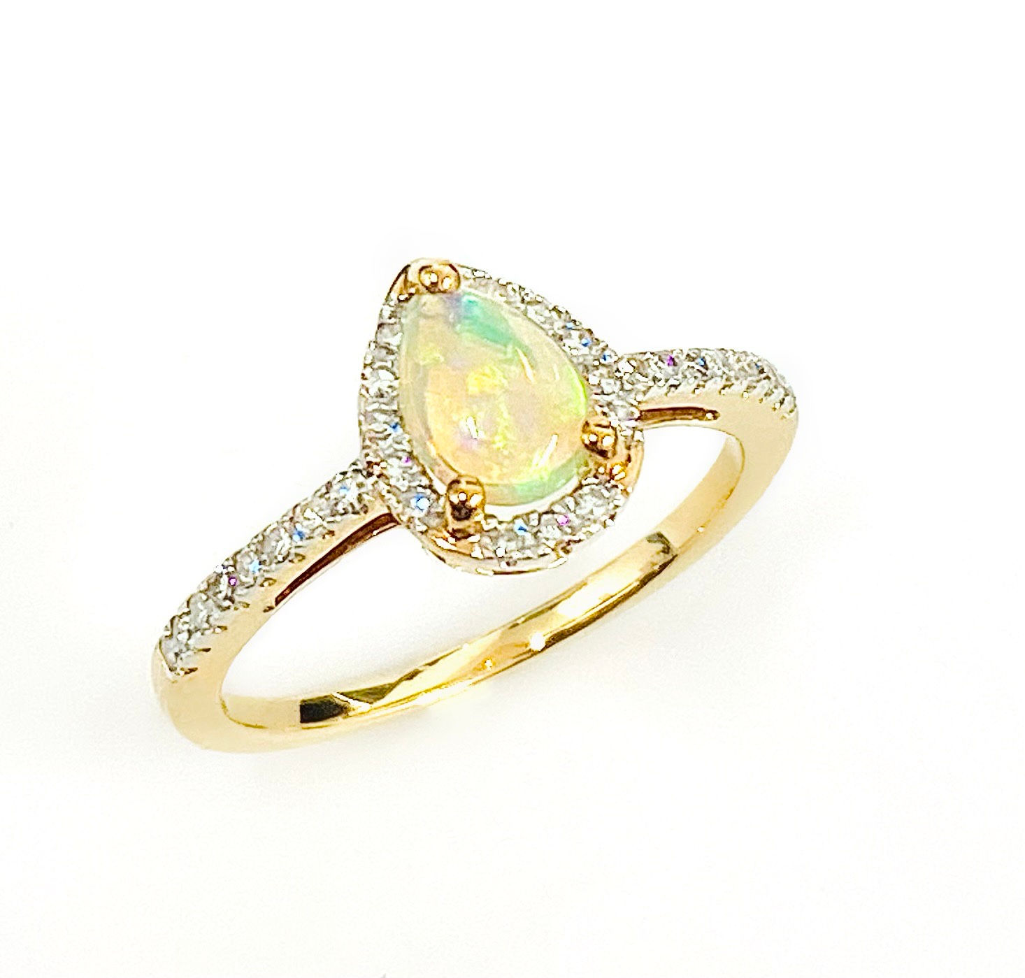 9 Carat Yellow Gold Pear Shape Opal & Diamond Halo Ring