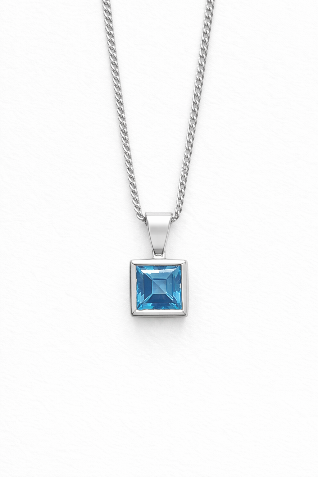 9 Carat White Gold Square Step Cut Swiss Blue Topaz Bezel Set Pendant