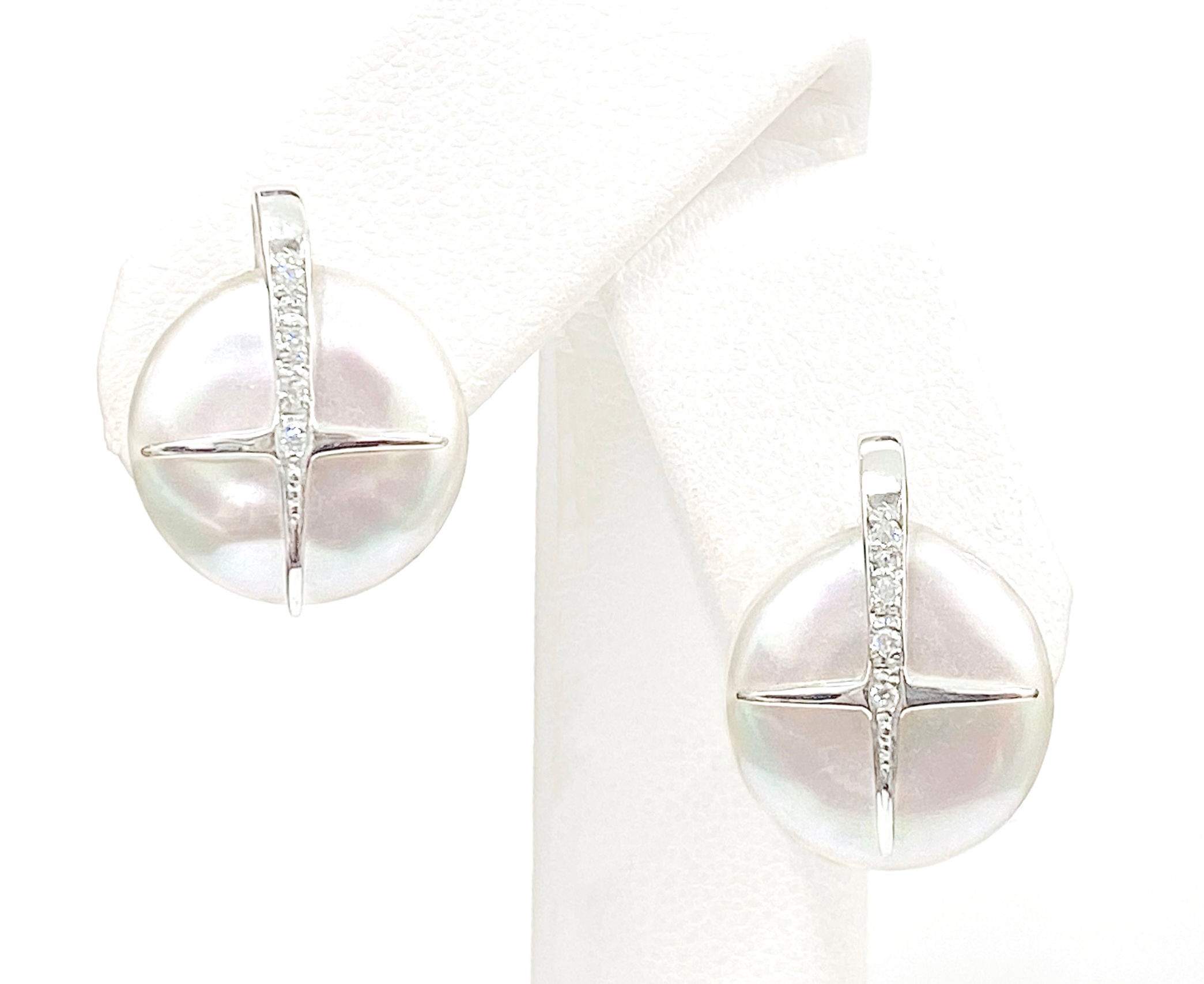 Button Pearl & Diamond Cross Stud Earrings in 9 Carat White Gold