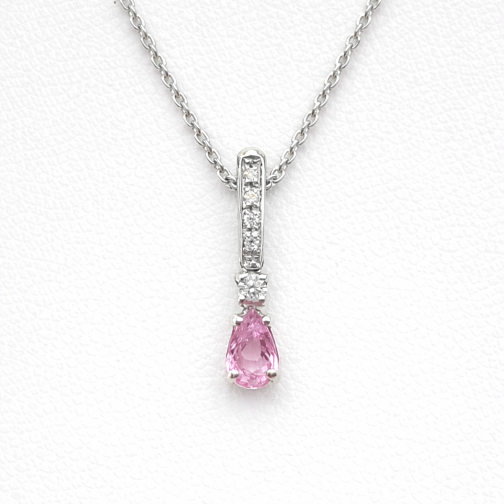 18 Carat White Gold Pink Sapphire Pear and Diamond Set Bail Pendant Necklace