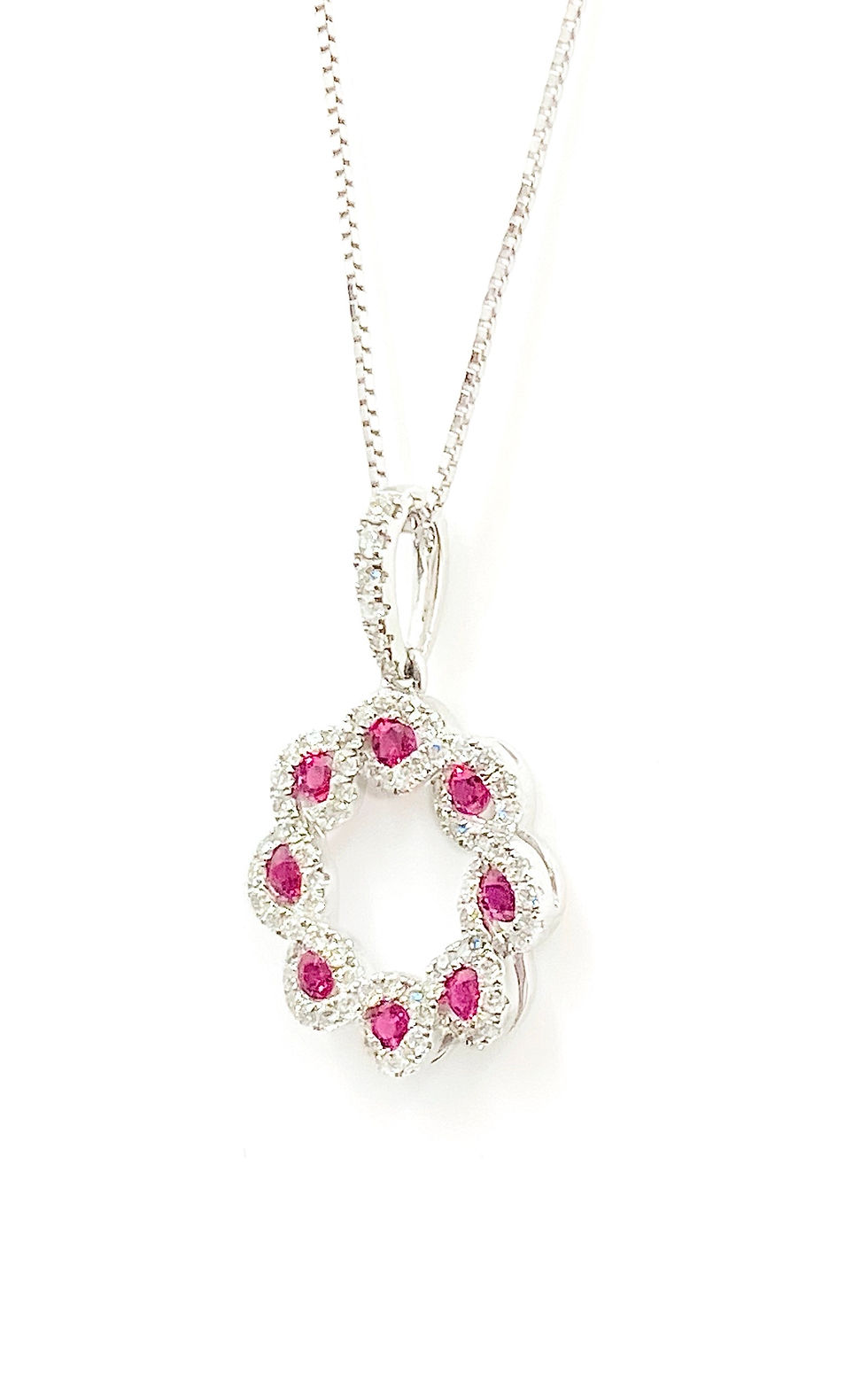 Thumbnail: 18 Carat White Gold Ruby & Diamond Infinity Halo Pendant