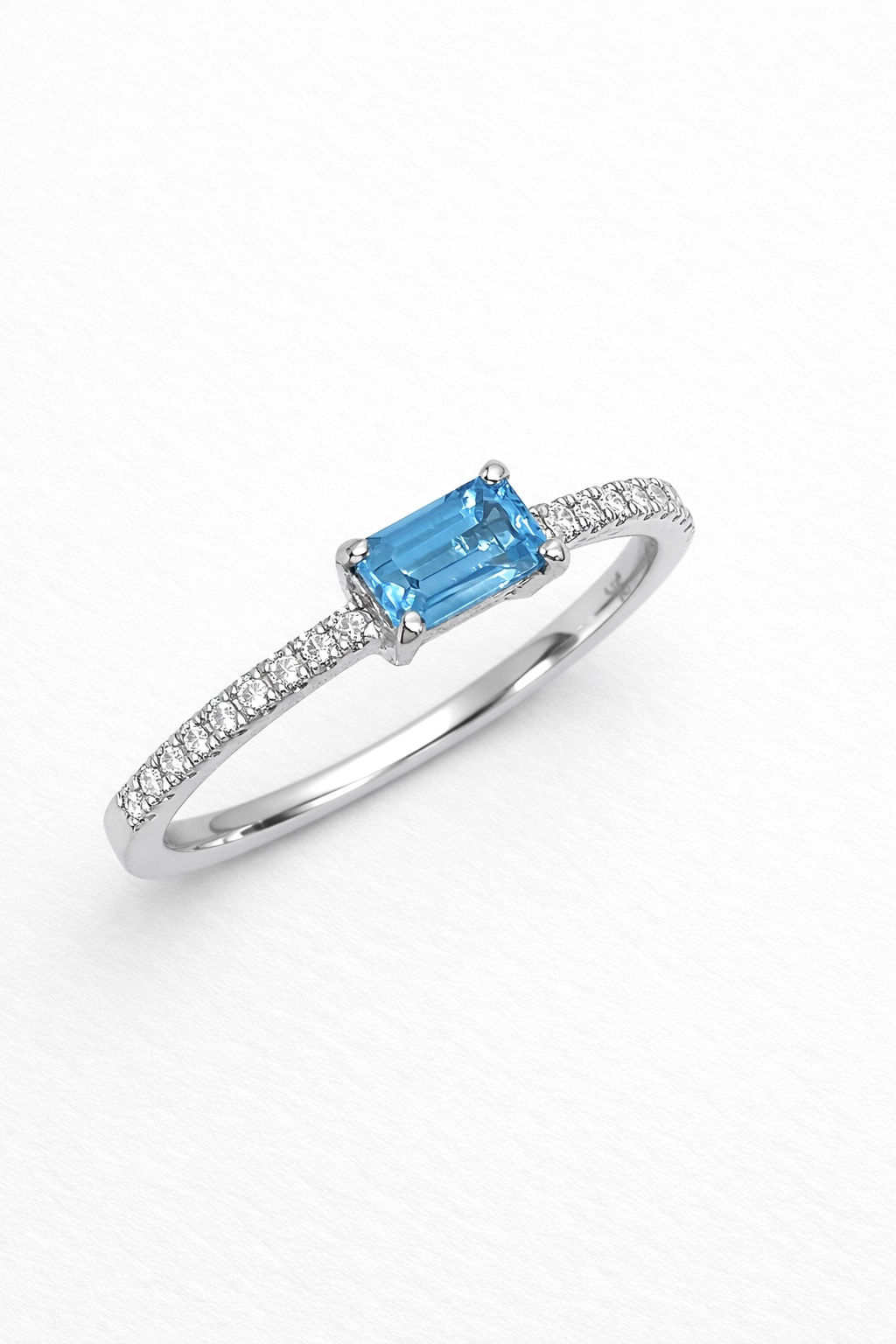 9 Carat White Gold Baguette Cut Swiss Blue Topaz & Diamond Shoulders Ring