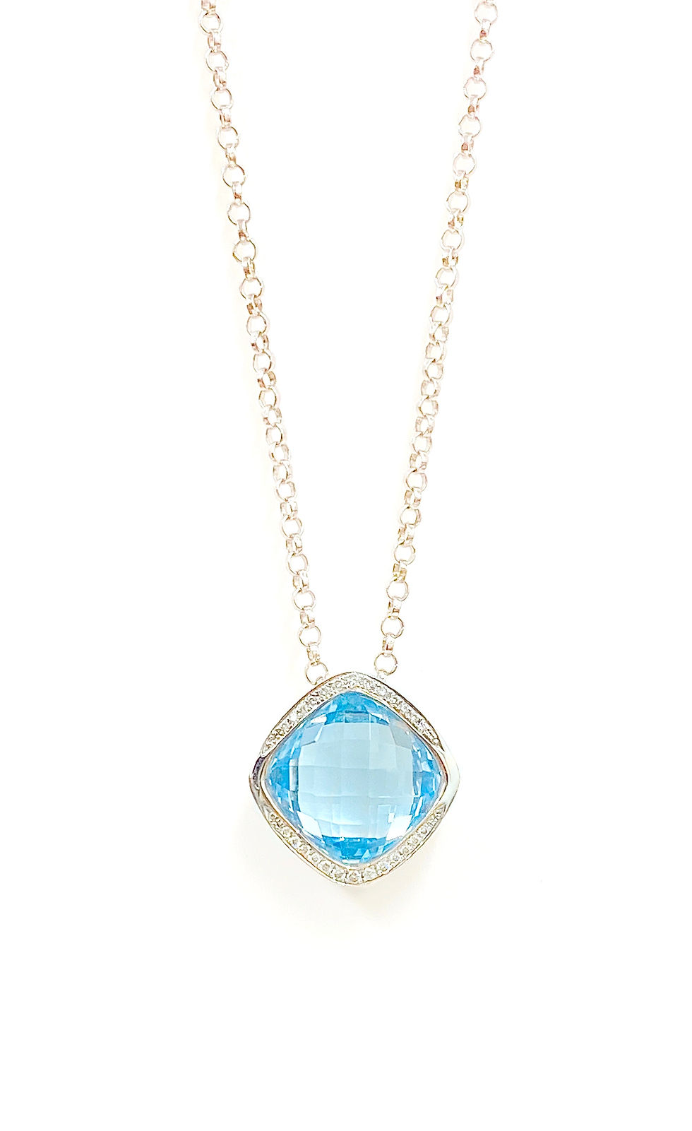 9 Carat White Gold Cushion Double Sided Checkerboard Swiss Blue Topaz Pendant