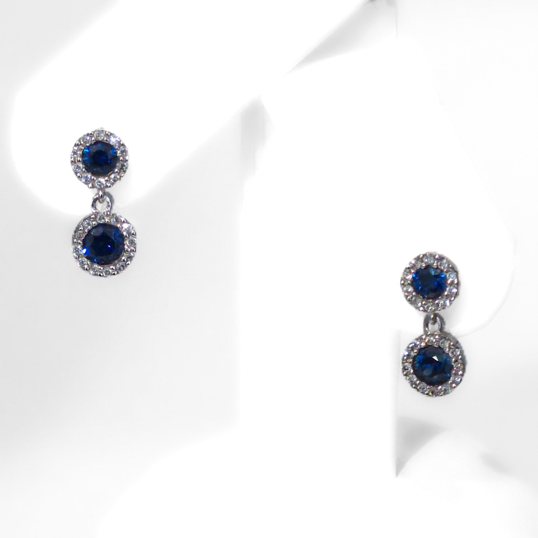 18 Carat White Gold Sapphire and Diamond Double Halo Drop Stud Earrings