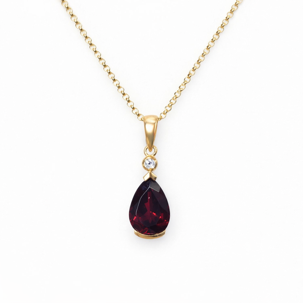 9 Carat Yellow Gold Pear Shape Pyrope Garnet and Diamond Pendant Necklace