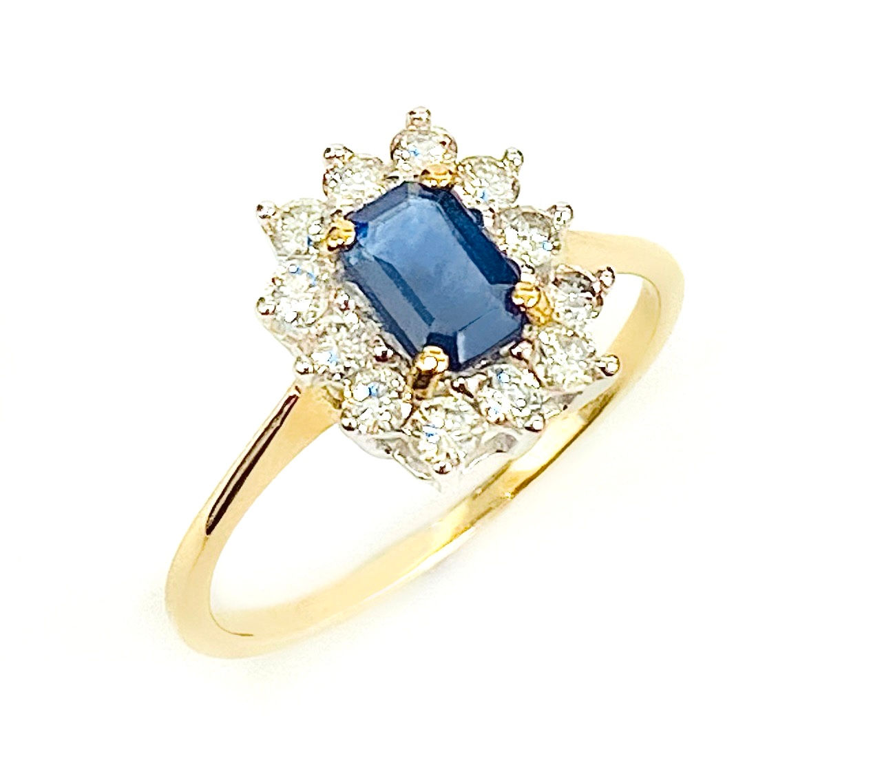 Octagonal Cut Sapphire and Diamond Halo Cluster Ring