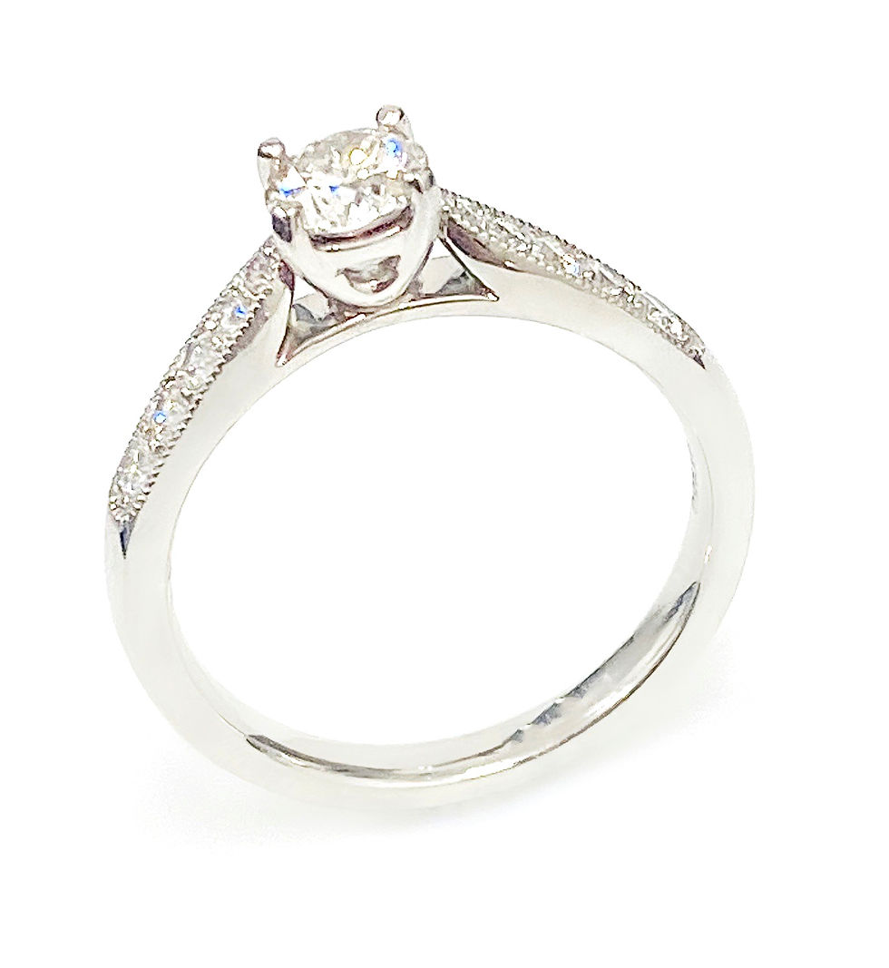 Thumbnail: Platinum 0.50ct Diamond Solitaire with Diamond Set Shoulders & Beaded Edge