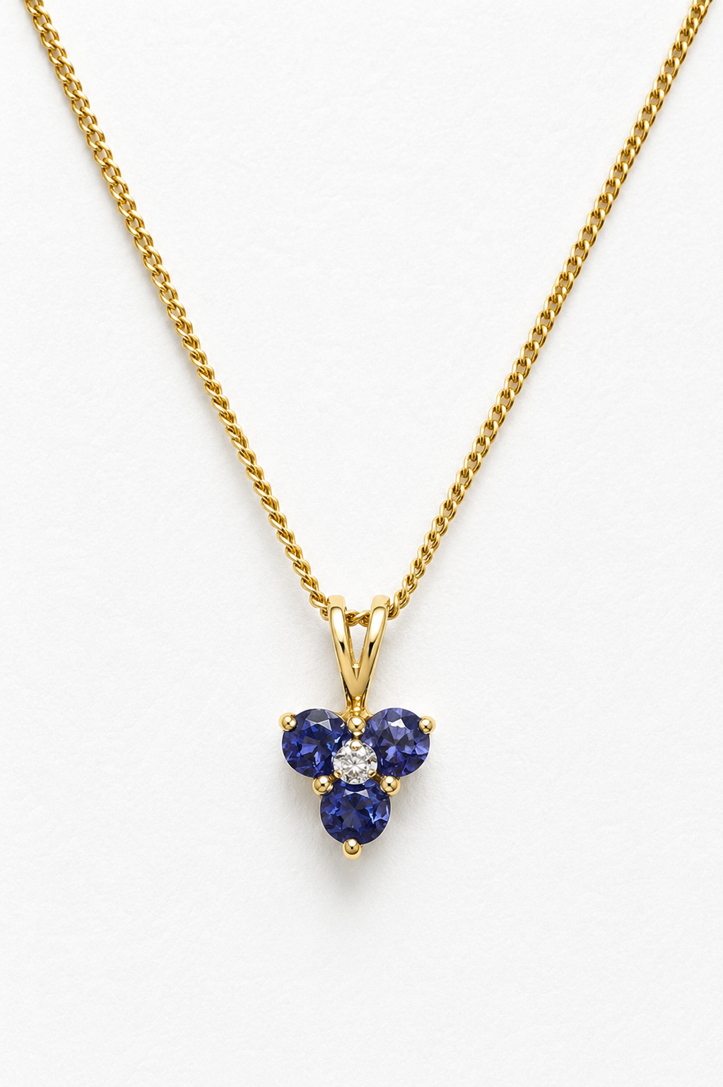 9 Carat Yellow Gold Three Stone Cluster Iolite & Diamond Pendant