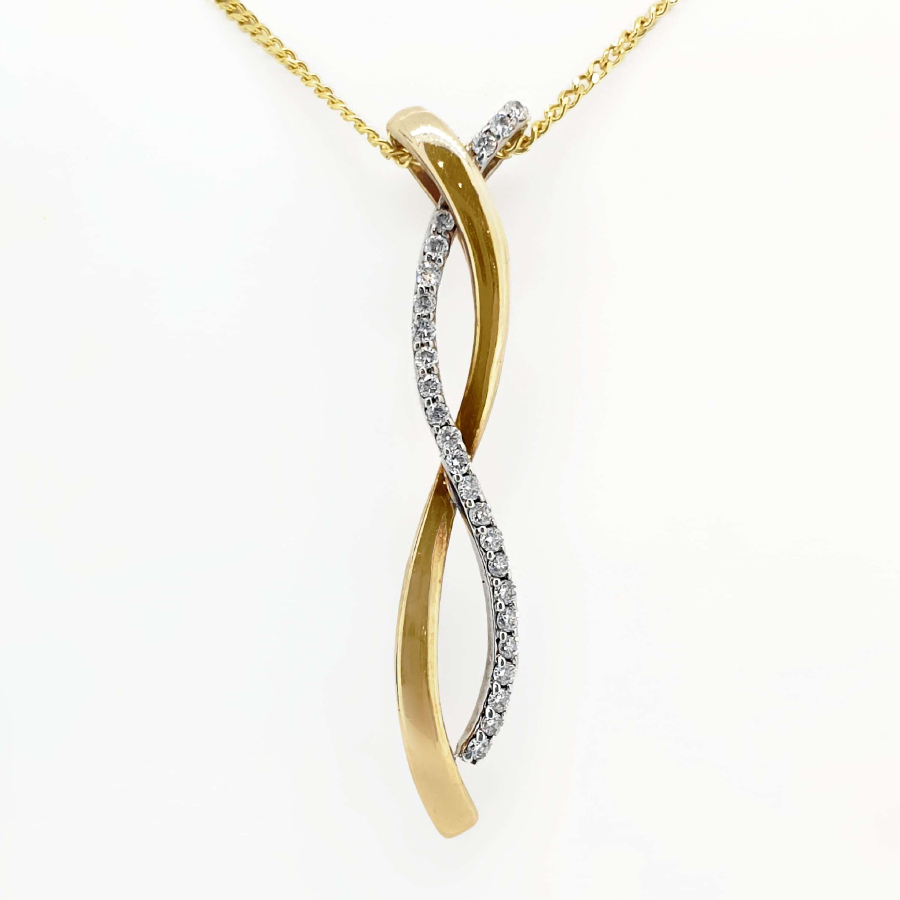 9 Carat Bi Colour Gold Diamond Set Double Twist Long Pendant Necklace