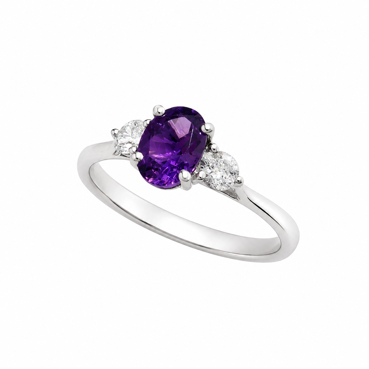 9 Carat White Gold Amethyst and Diamond Three Stone Wedd-Fit Engagement Ring