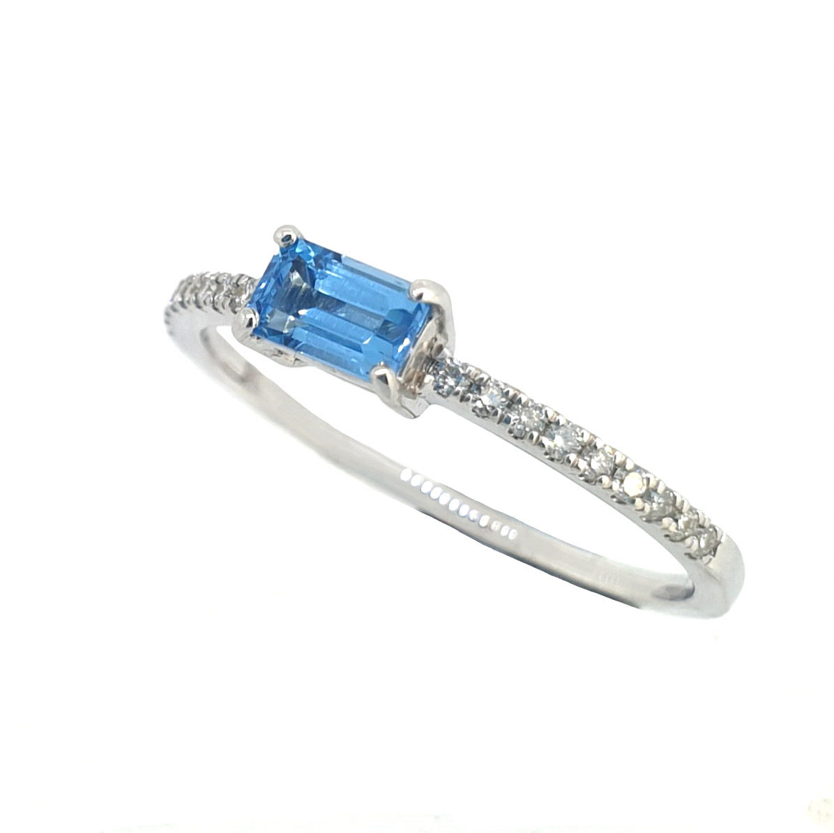 9 Carat White Gold Horizontal Sky Blue Topaz & Diamond Shoulders Engagement Ring
