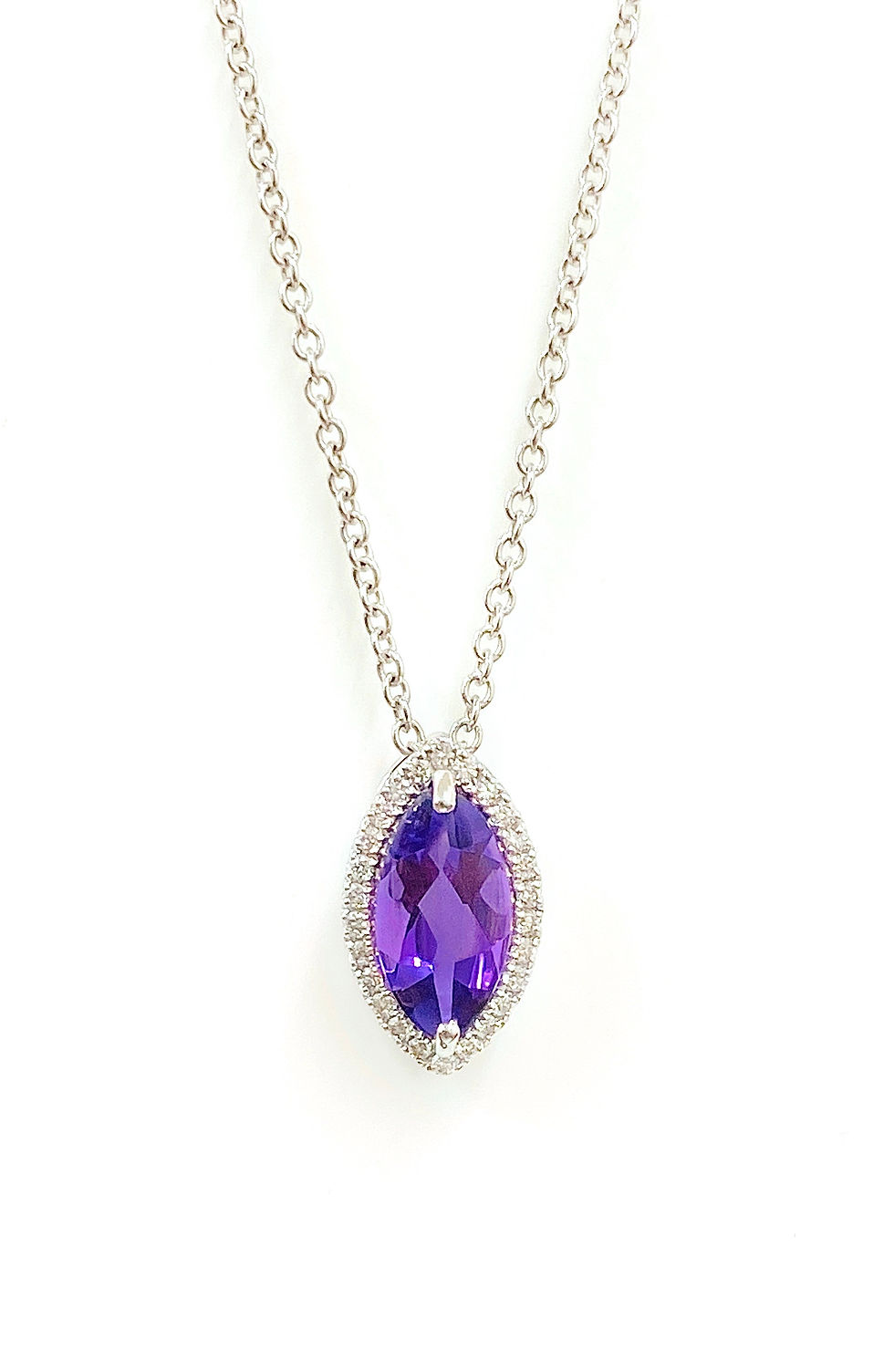 Marquise Mixed Cut Amethyst and Diamond Halo Pendant in 18 Carat White