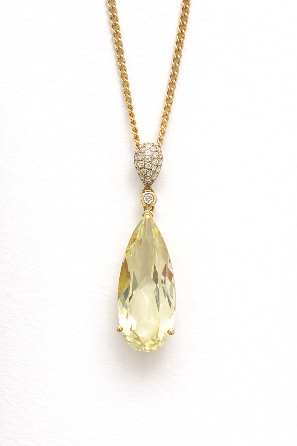 9 Carat Yellow Gold Elongated Pear Lemon Quartz & Diamond Pendant