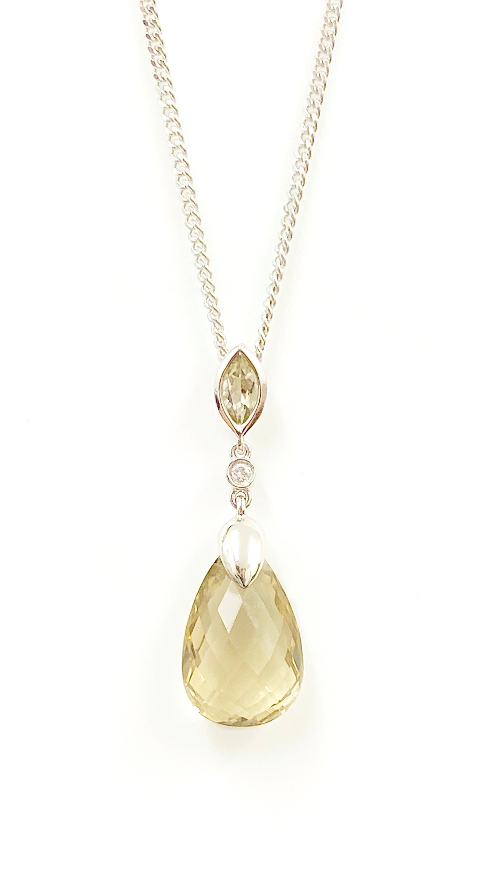 Pear Double Sided Checkerboard Cut Smoky Quartz & Diamond Drop Pendant