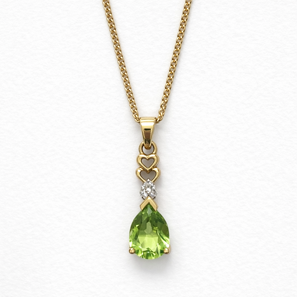 9 Carat Yellow Gold Pear Brilliant Cut Peridot and Diamond Heart Pendant