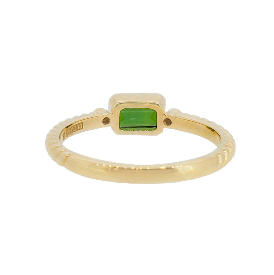 Thumbnail: 9 Carat Yellow Gold Bezel Set Green Tourmaline and Diamond Three Stone Ring