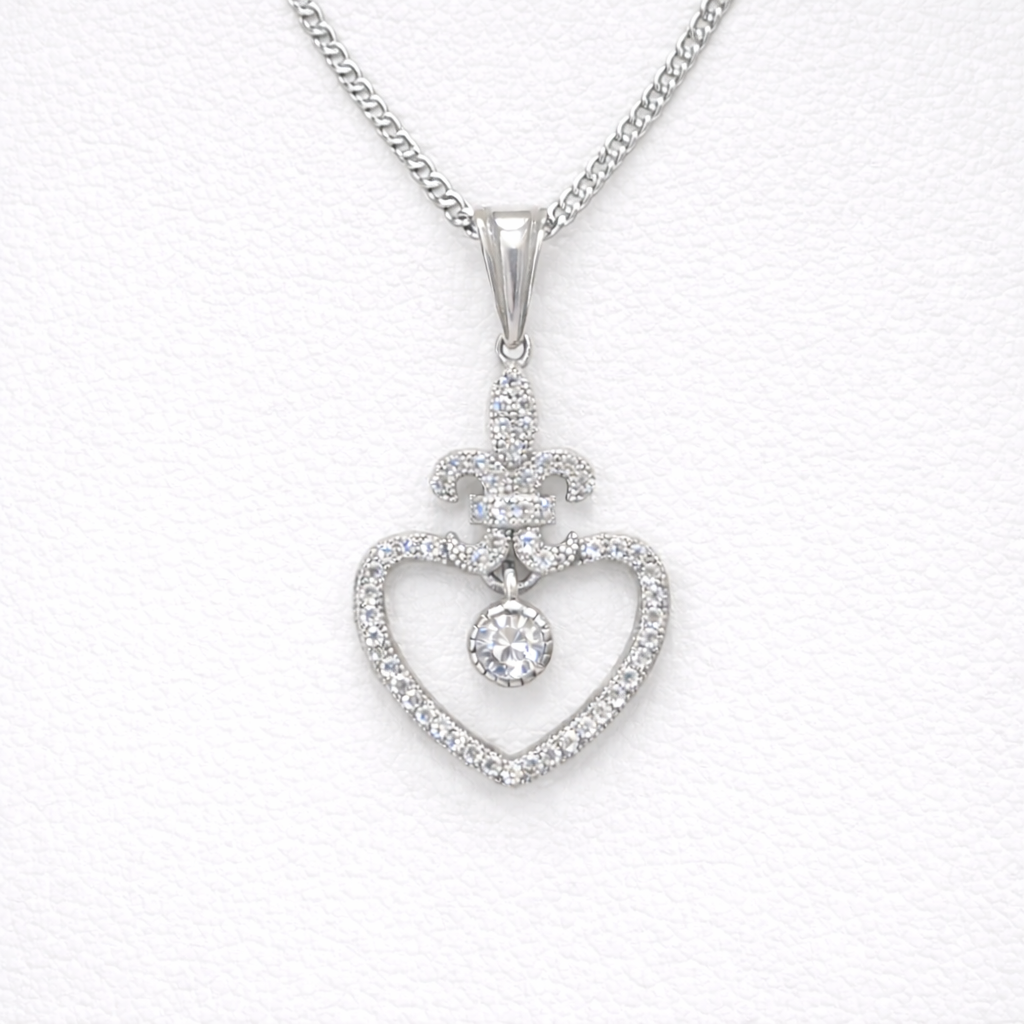 Sterling Silver and Cubic Zirconia Fleur De Lis Crowned Heart Pendant Necklace