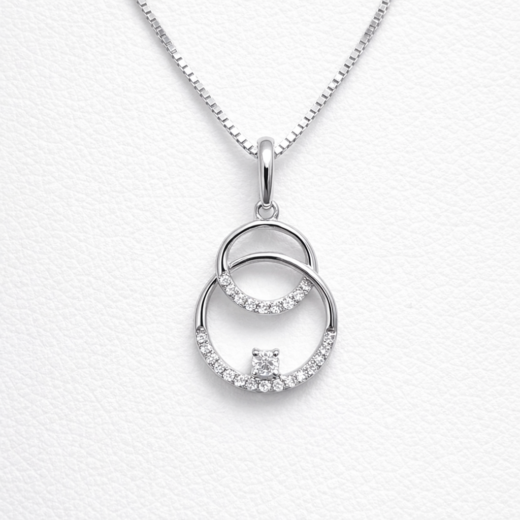 9 Carat White Gold Natural Diamond Interlinked Double Circle Pendant Necklace