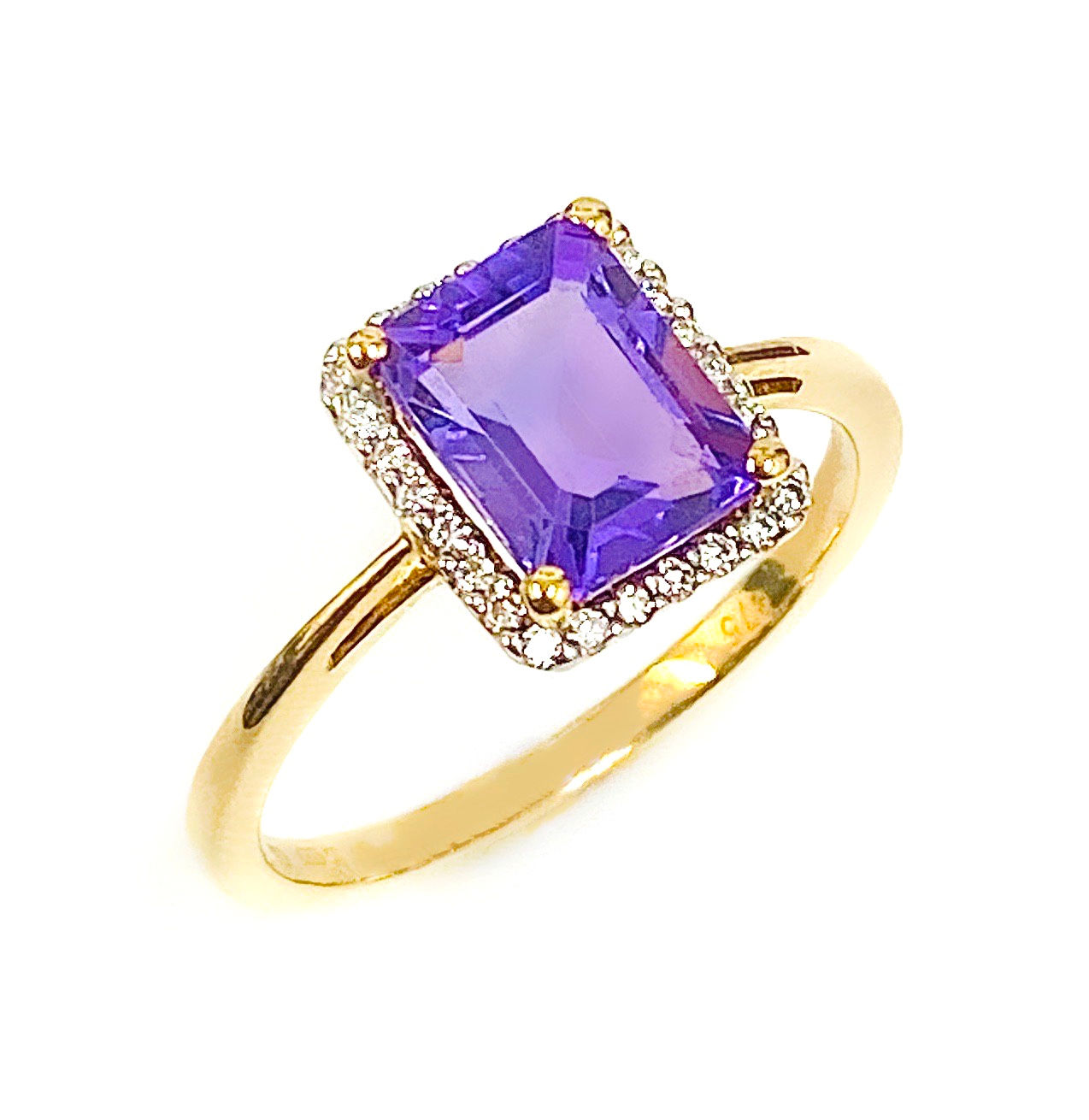 9 Carat Yellow Gold Emerald Cut Amethyst and Diamond Halo Ring