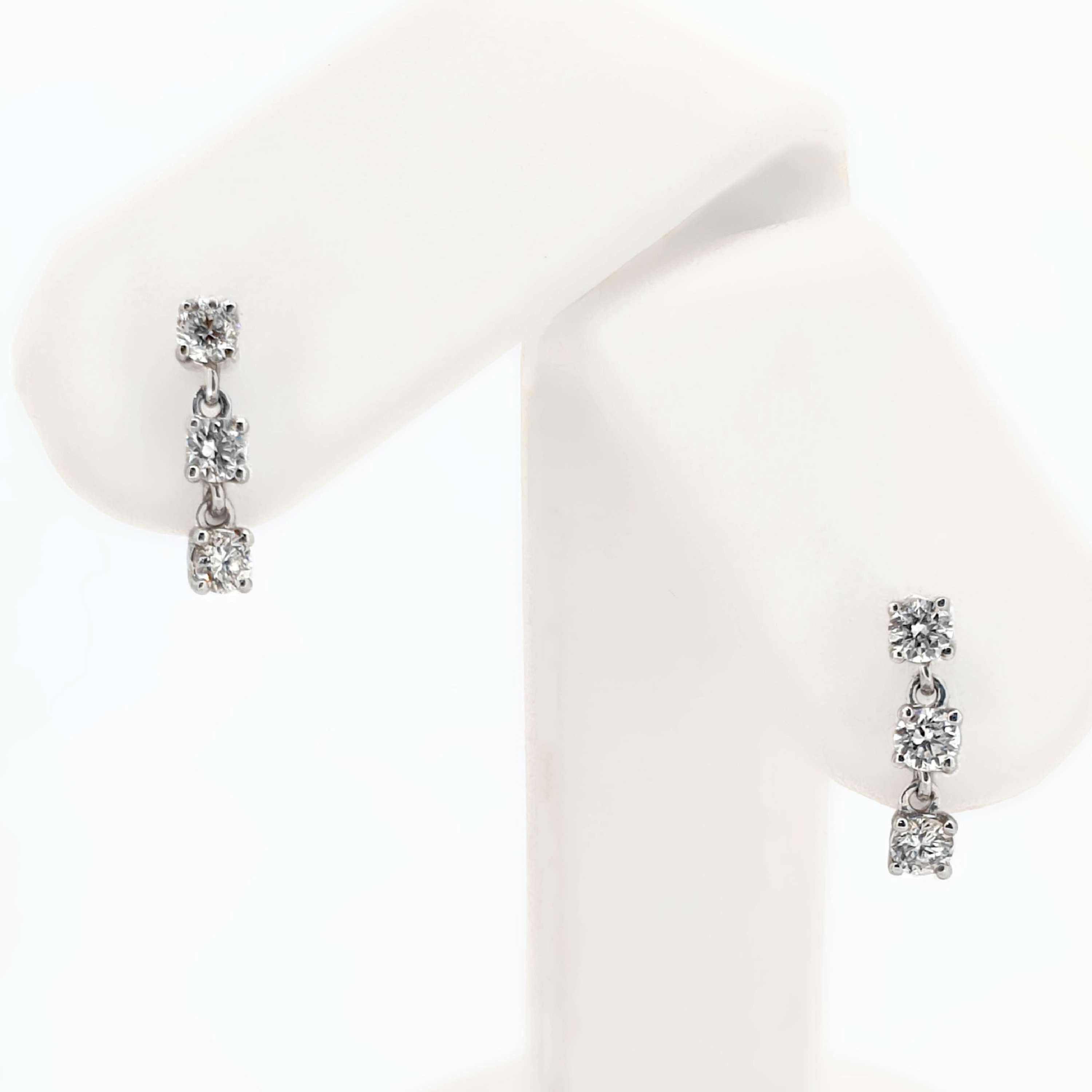Diamond Three Stone Drop Stud Earrings Set In 9 Carat White Gold