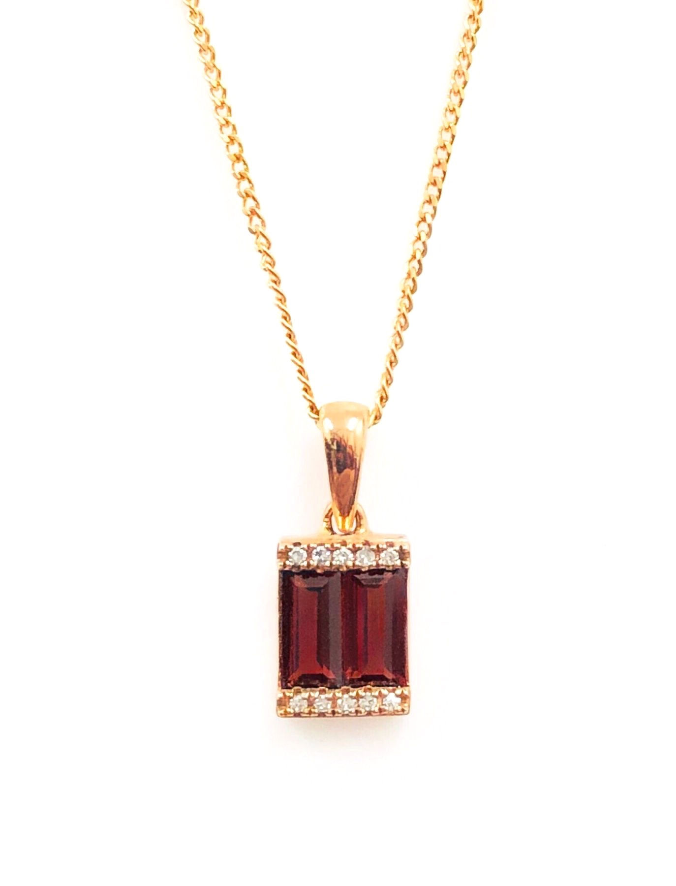 Baguette Cut Pyrope Garnet and Diamond Pendant in 9 Carat Rose Gold
