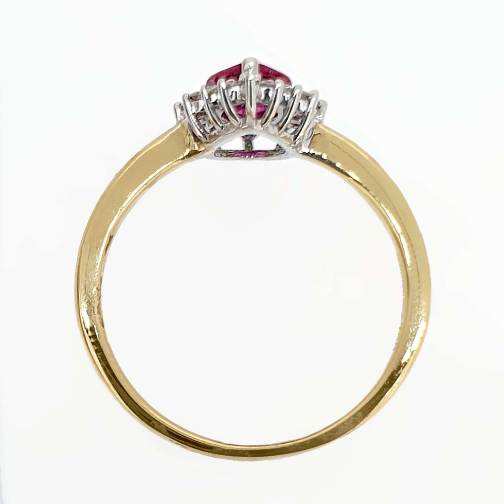 Thumbnail: 18 Carat Yellow Gold Pear Shape Ruby And Diamond Halo Engagement Dress Ring