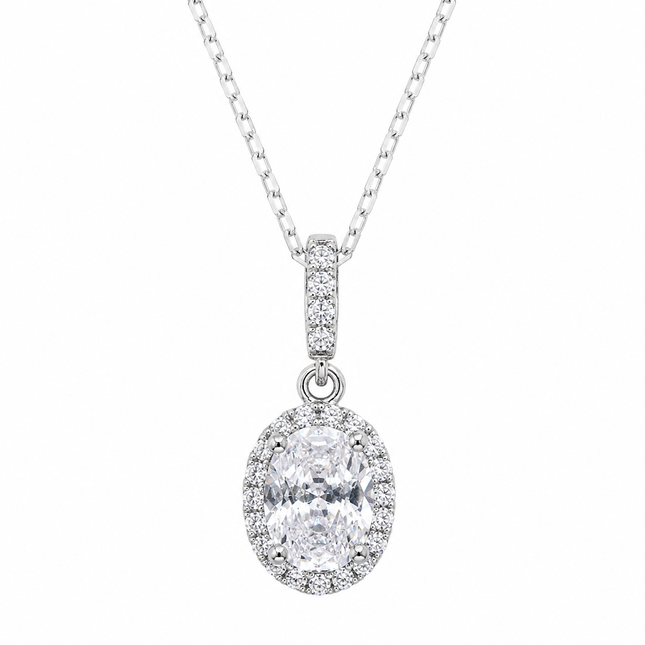Sterling Silver and Clear Cubic Zirconia Oval Halo Pendant Necklace