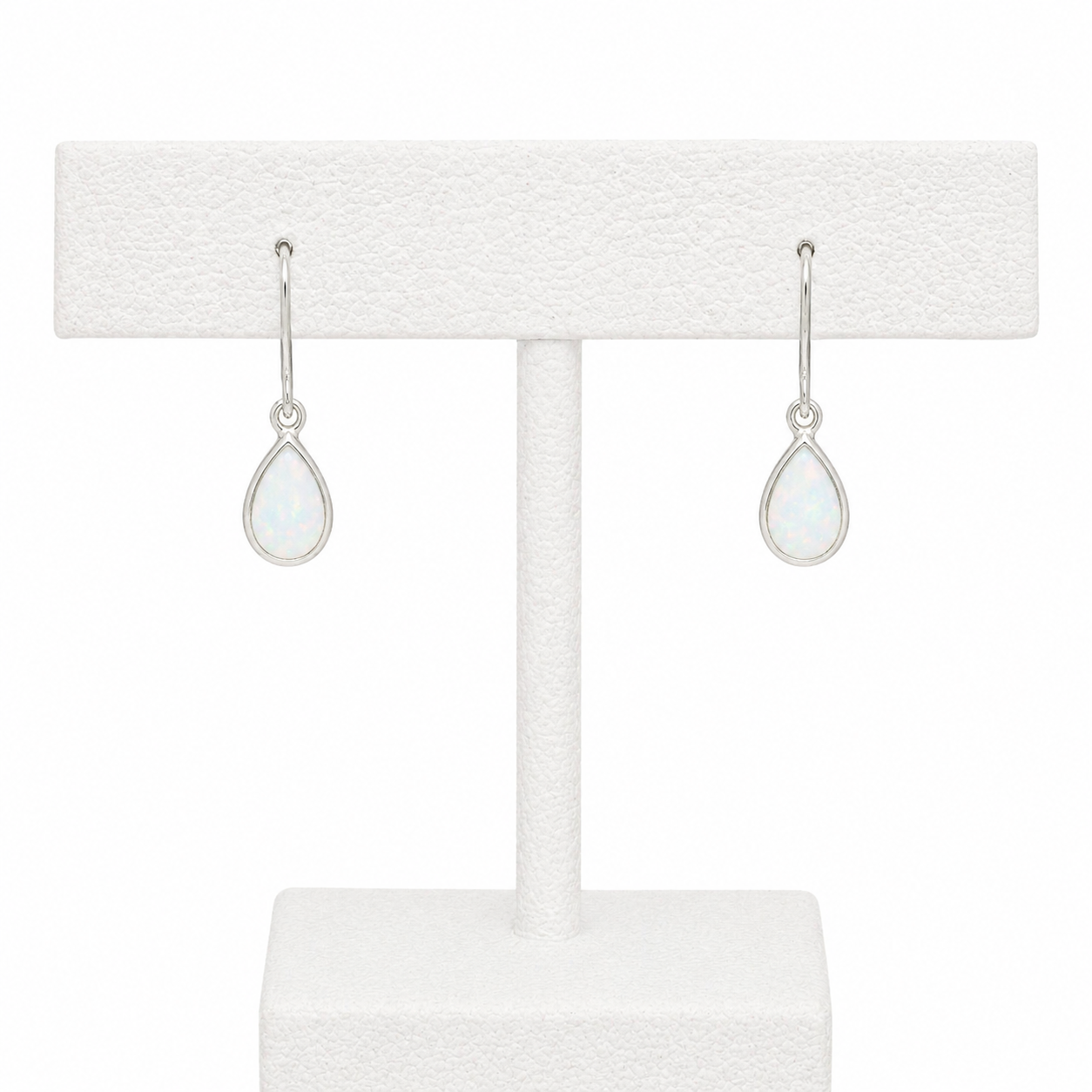 9 Carat White Gold Pear Shape White Opal Bezel Set Dangly Drop Earrings