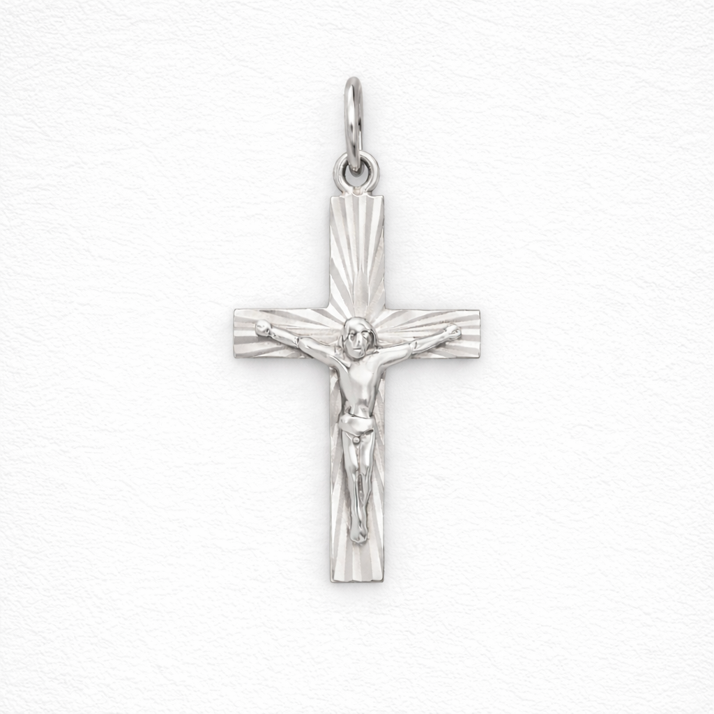 Sterling Silver 27.9mm Starburst Pattern Crusifix Cross Pendant