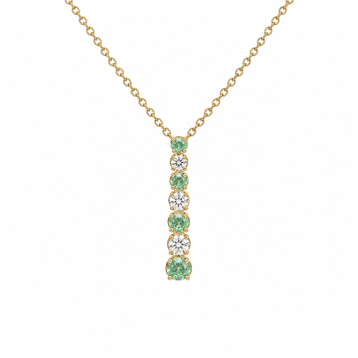 9 Carat Yellow Gold Emerald and Diamond Graduated Drop Fixed Pendant Necklace