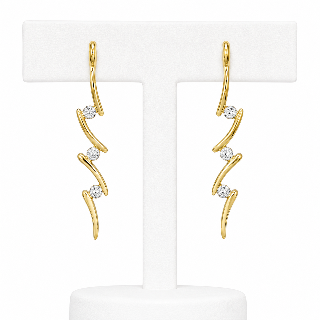 18 Carat Yellow Gold and Diamond Zig-Zag Contemporary Stud Drop Dangly Earrings