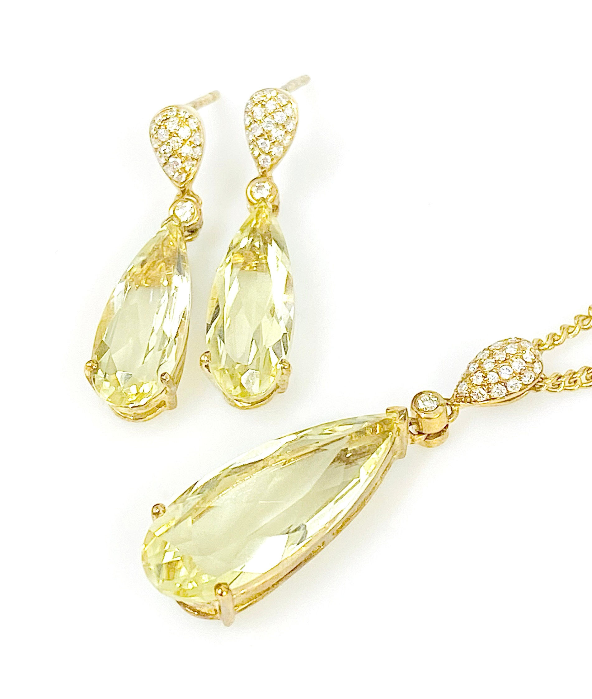 Elongated Pear Brilliant Cut Lemon Citrine Quartz Pendant & Earring Set