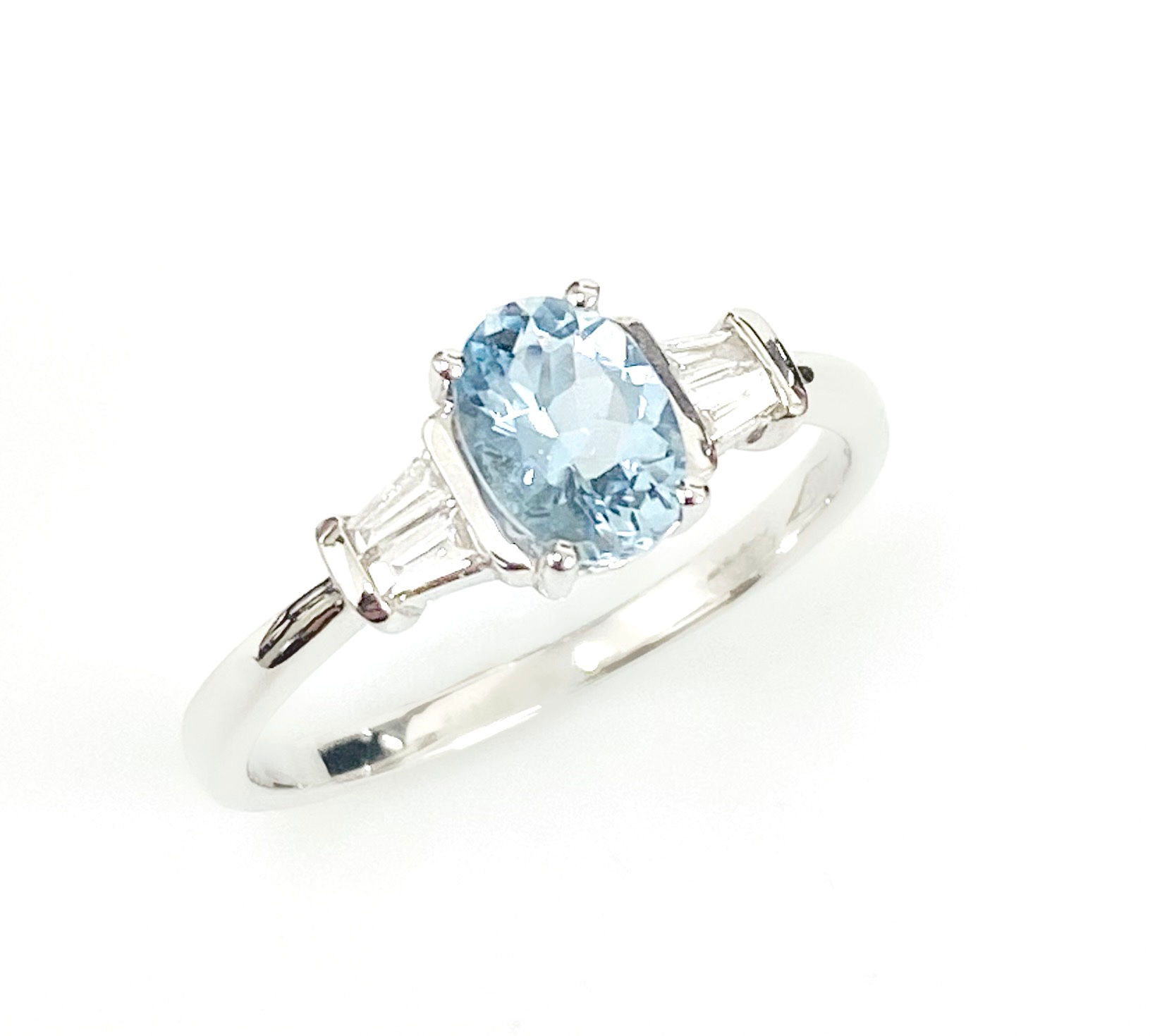 Oval Brilliant Cut Aquamarine & Tapered Baguette Cut Diamond Engagement Ring