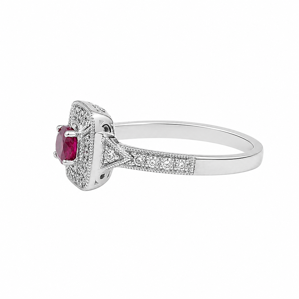 Thumbnail: 9 Carat White Gold Ruby and Diamond Art Deco Style Halo Engagement Dress Ring