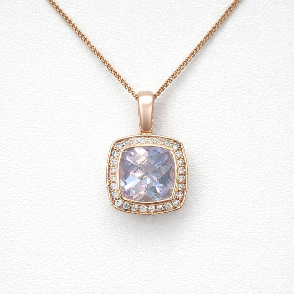 18 Carat Rose Gold Cushion Checkerboard Cut Morganite & Dia Pendant on 9ct Chain
