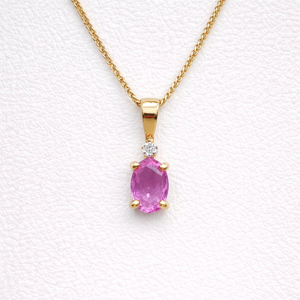 9 Carat Yellow Gold Pink Sapphire and Diamond Pendant Necklace