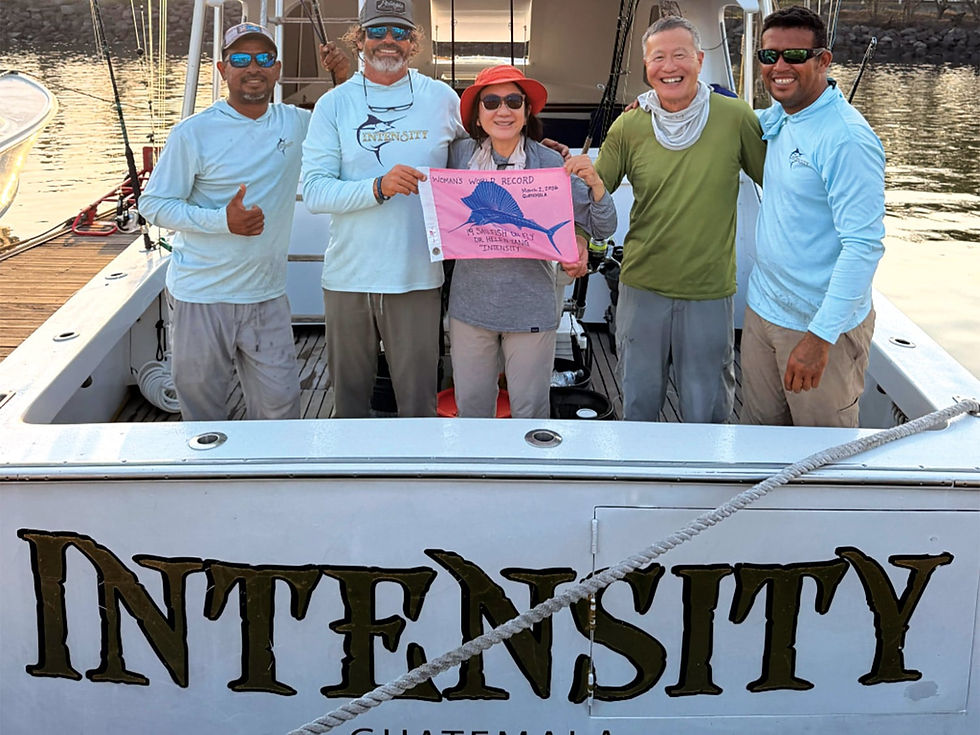 Dr. Helen Tang and the crew aboard Intensity celebrate an unforgettable day offshore, releasing 19 sailfish on fly—a new unofficial single-day benchmark for a female angler. Courtesy Intensity Sportfishing