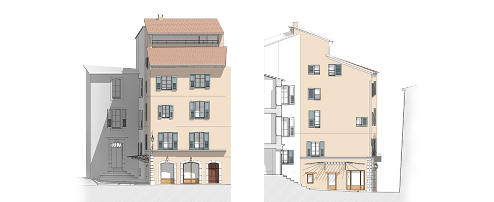 Elevation d'un projet d'architecture pour la rénovation d'un immeuble au coeur du centre historique de Castellane