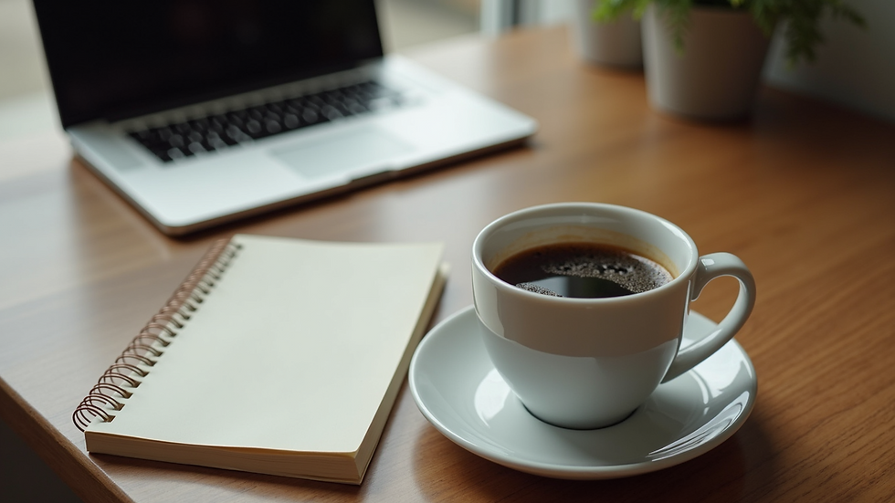 High angle view of a peaceful workspace with a journal and a cup of coffee