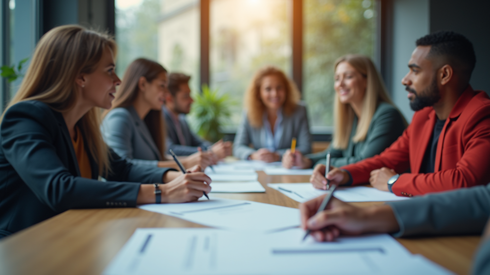 Eye-level view of a recruitment meeting with a diverse group of individuals discussing job applications