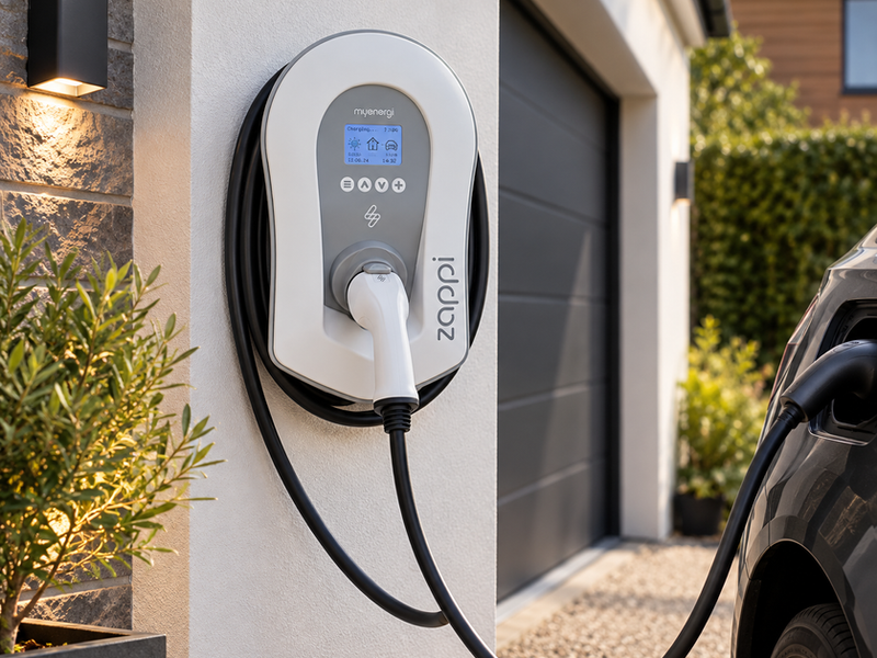 myenergi zappi EV charger on a house wall, charging a car
