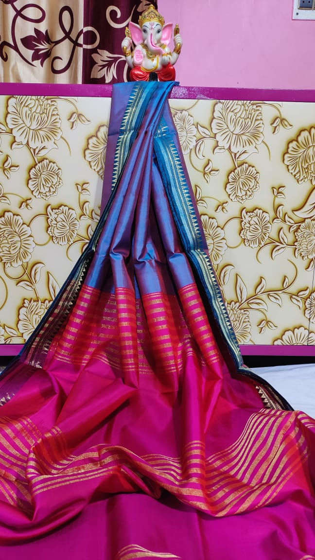 Bishnupuri Mulberry Silk Saree 3 Ply - Pink and Blue with