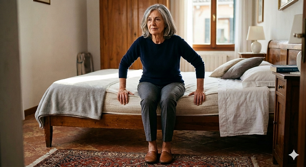 Donna in età matura seduta sul bordo del letto, con i piedi sul pavimento, in una posizione stabile e supportata.