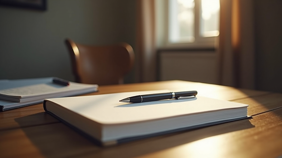 Eye-level view of a journal and pen on a wooden desk