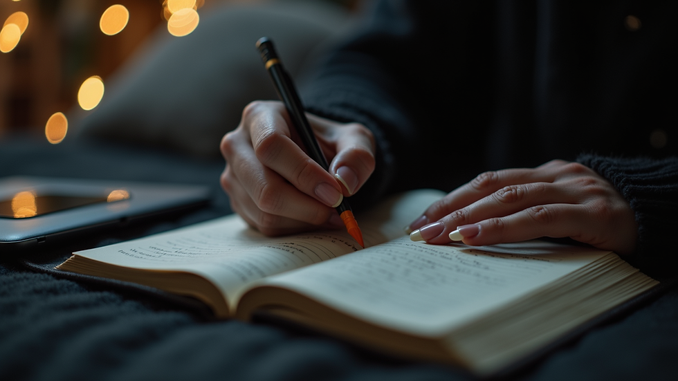 Close-up view of a person writing in a dream journal at night