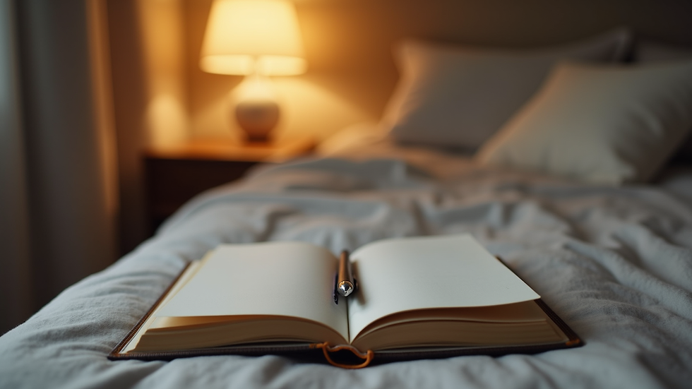 Eye-level view of a cozy bedroom with a journal and pen on the nightstand