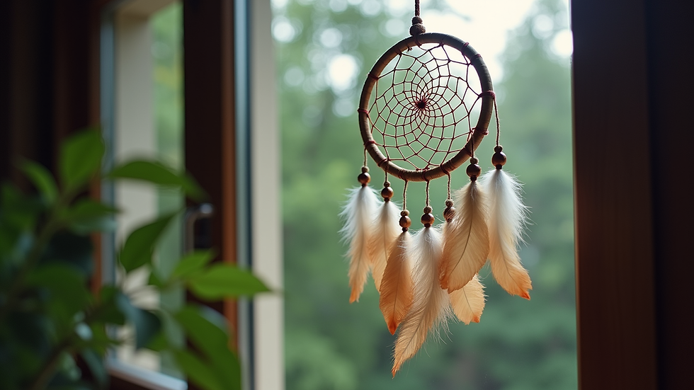 Close-up view of a dreamcatcher hanging near a window