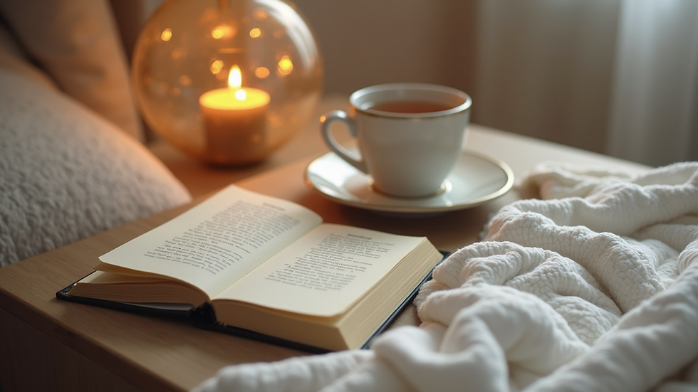 Eye-level view of a cozy bedside table with a dream journal and a cup of tea