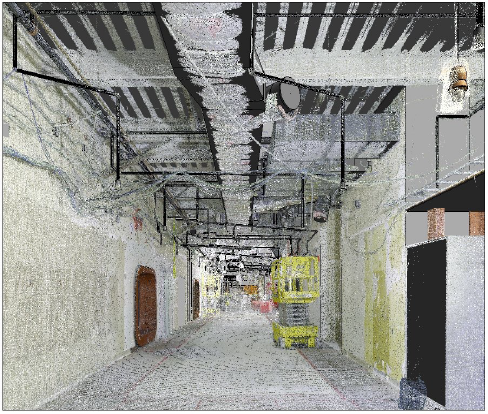 Point Cloud – Back-of-house corridor with exposed overhead MEP systems including conduit runs, HVAC equipment, ductwork, and structural framing