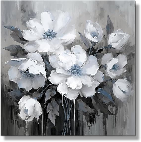 AnZhongArt Bathroom Canvas Art, Gray and White Blue Flower Wall Decoration, 12x1